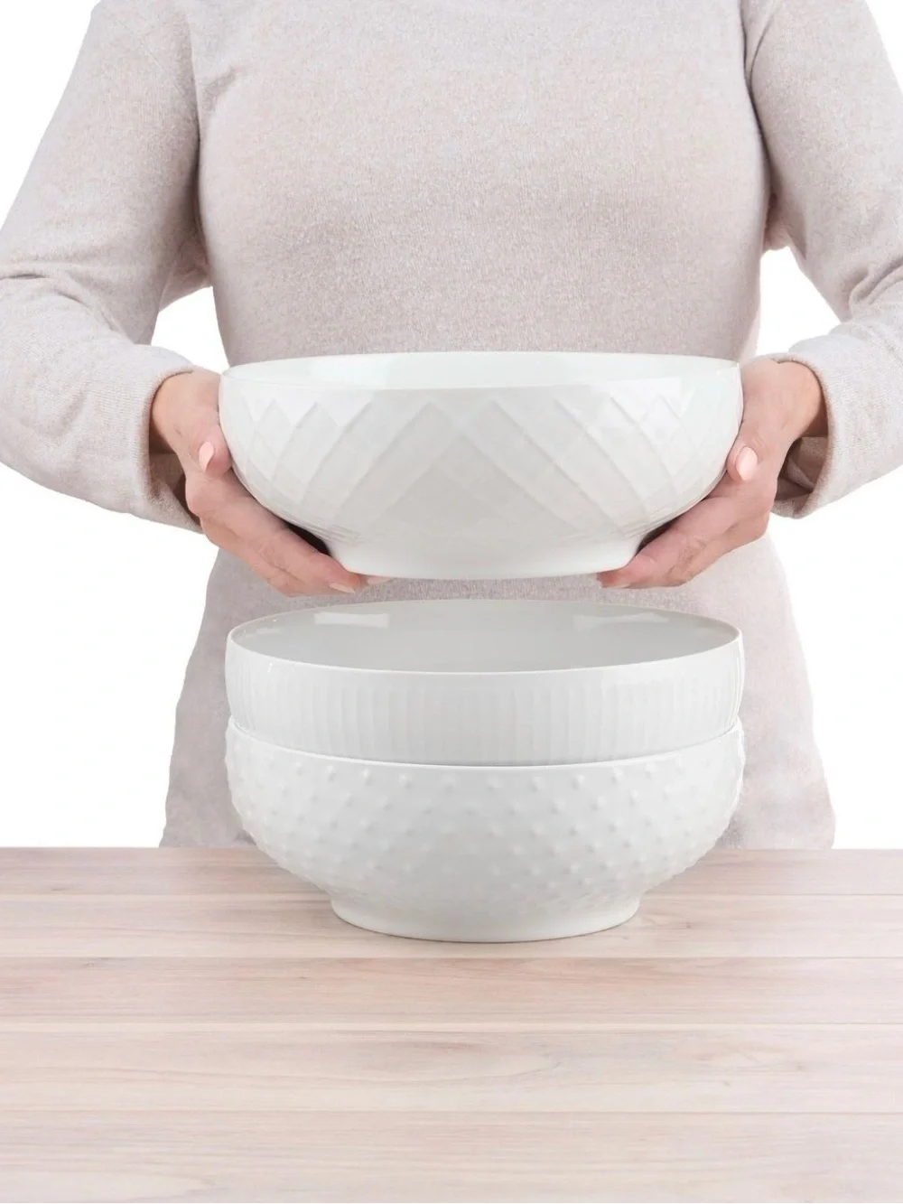 Trudeau Set of 3 White Ceramic Serving Bowl - Textured Design
